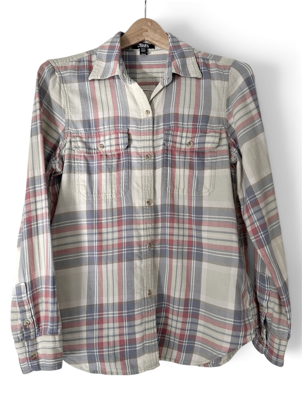 Pastel Plaid Button-Down Shirt in Light Sage Green, Blue & Pink